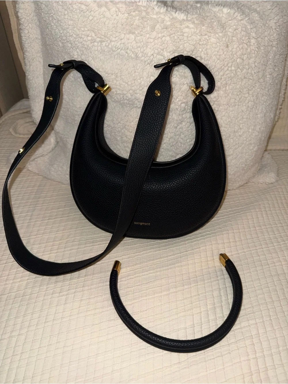 Songmont Luna Black Pebble Leather Crescent Shoulder Bag with Gold Hardware